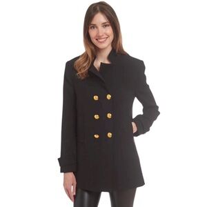 PATTY KIM Black Pea Lined Luxury Coat with Gold Buttons, Womens size XS